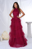 Burgundy Halter Tiered Tulle A Line Long Prom Dress