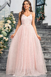 Sparkly Pink A Line Spaghetti Straps Long Prom Dress With Appliques