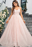 Sparkly Pink A Line Spaghetti Straps Long Prom Dress With Appliques