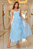 Sky Blue A Line Corset One Shoulder Prom Dress