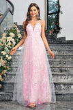 Sparkly Pink  A Line V-Neck Prom Dress