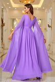 Purple A Line V Neck Long Sleeves Chiffon Prom Dress