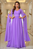 Purple A Line V Neck Long Sleeves Chiffon Prom Dress