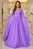 Purple A Line V Neck Long Sleeves Chiffon Prom Dress