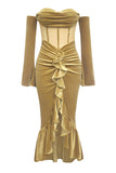 Khaki Bodycon Sweetheart Velvet Corset Ruffled Prom Dress with Long Sleeves