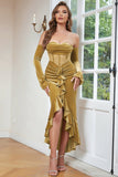 Khaki Bodycon Sweetheart Velvet Corset Ruffled Prom Dress with Long Sleeves