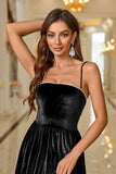 Black Velvet A Line Spaghetti Straps Tea Length Prom Dress