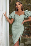 Green Sweetheart Neck Puff Sleeve Cocktail Party Dress with Side Slit