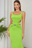 Green A Line Square Neck Hollow Out Pleated Long Formal Party Dress