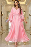 Elegant Pink A Line V Neck Shawl Sleeve Long Formal Dress