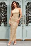 Sparkly Apricot Mermaid Halter Sequins Long Formal Dress with Slit