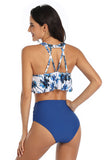 Floral and Plain Halter Falbala High Waist Two Piece Bikini Set Swimsuit