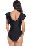 Black Deep V-Neck One-Piece Tummy Control Swimsuit with Ruffle Sleeve