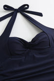 Navy Halter Drawstring Ruched Criss Cross Solid Color One-Piece Swimsuit