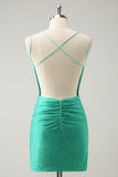 Green Spaghetti Straps Backless Tight Homecoming Dress with Beading