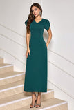 Dark Green V-Neck Midi Cocktail Party Dress with Short Sleeves