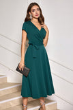 Dark Green A-Line Short Sleeves Mother of Bride Dress with Belt