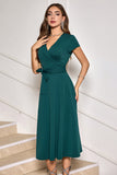 Dark Green A-Line Short Sleeves Mother of Bride Dress with Belt