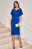 Royal Blue Bodycon V Neck Midi Mother of Bride Dress with Short Sleeves