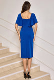 Royal Blue Bodycon V Neck Midi Mother of Bride Dress with Short Sleeves