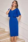 Royal Blue Bodycon V Neck Midi Mother of Bride Dress with Short Sleeves