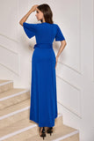 Royal Blue V-Neck Long Formal Dress with Short Sleeves