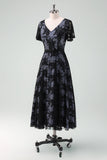 Black Lace A-Line Short Sleeves Midi Choir Dress