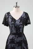 Black V-neck Short Sleeves Lace A-Line Mother of Bride Dress