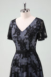 Black Lace A-Line Short Sleeves Midi Choir Dress