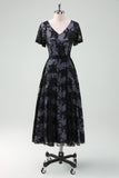 Black Lace A-Line Short Sleeves Midi Choir Dress