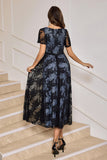 Black A-Line V-Neck Lace Tea-Length Dress with Short Sleeves