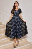 Black A-Line V-Neck Lace Tea-Length Dress with Short Sleeves