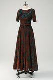 Dark Green Floral Velvet Mother of Bride Dress With Belt