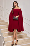 Burgundy Bodycon Off the Shoulder Midi Cocktail Dress With Cape Sleeves