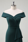 Dark Green Off the Shoulder Ruffled Bodycon Cocktail Party Dress