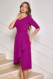 Grape Purple Asymmetrical Midi Cocktail Dress with Half Sleeves