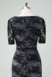 Black V-Neck Lace Sheath Midi Mother of Bride Dress with Short Sleeves