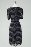 Black V-Neck Lace Sheath Midi Mother of Bride Dress with Short Sleeves