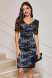 Black Sheath V-Neck Lace Midi Mother of Bride Dress with Short Sleeves