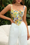 Yellow Floral Print Zip Back Corset Top