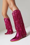 Women's Blue Fringe Metallic Pointed Toe Chunky Heel Mid Calf Boots