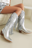 Women's Blue Fringe Metallic Pointed Toe Chunky Heel Mid Calf Boots