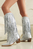 Women's Blue Fringe Metallic Pointed Toe Chunky Heel Mid Calf Boots