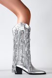 Glitter Silver Metallic Tassel Pointed Toe Cowgirl Boots with Sequins