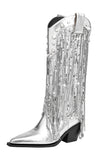 Glitter Silver Metallic Tassel Pointed Toe Cowgirl Boots with Sequins