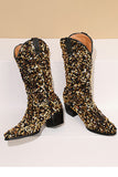 Glitter Black Mid Calf Sequins Snip Toe Chunky Heeled Boots