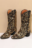 Glitter Black Mid Calf Sequins Snip Toe Chunky Heeled Boots