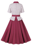 Purple Red Plaid Short Sleeves Swing 1950s Dress