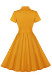 Yellow Ruffled Notched Lapel Belted Bows 1950s Dress with Pockets