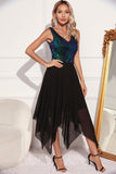 Sparkly Black Green V-Neck Tulle Cocktail Dress